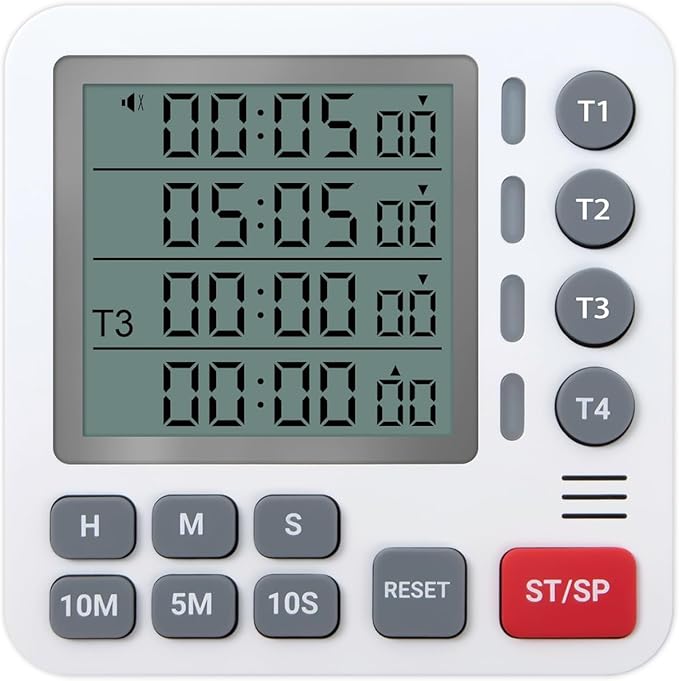 Digital Kitchen Timer - 4-Channel Cooking Timer with Alarm, Magnetic Back, Loud & Silent Modes, Count Up/Down, Ideal for ovens, Seniors, Kids and classrooms, Replaceable AAA Battery