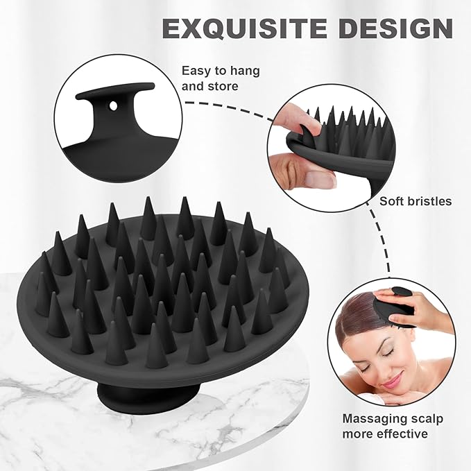 Silicone Scalp Massager Shampoo Brush, Scalp Brush for Hair Growth & Dandruff Removal, Hair Scrubber Scalp Stimulator Exfoliator Brush with Soft Bristles for Wet Dry Scalp Care (Black)