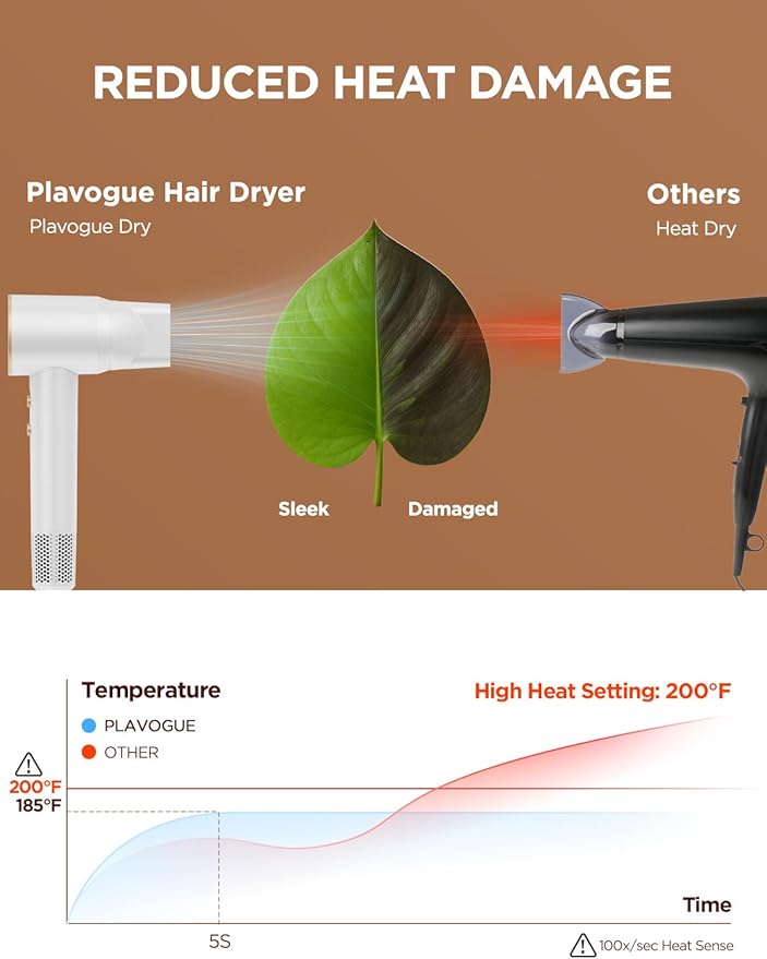 PLAVOGUE Dual Voltage Travel Hair Dryer with Diffuser, High-Speed Ionic Blow Dryer for Women, Fast Drying, Low Noise, Lightweight, No Heat Damage, European Travel 110V-120V/220V-240V
