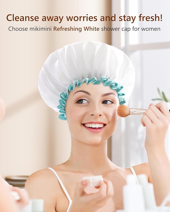 mikimini White Shower Cap for Long Hair 1 Pack, 12 inch large size,Waterproof Washable Hair Caps for Women and Girls, Super Cute and Extra Large