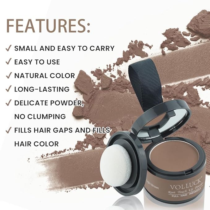 VOLLUCK Root Touch up Powder, Instant Hairline Powder for Thinning Areas and Gray Hair Coverage, Natural and Non-greasy Root Cover up for Women and Men (Light Brown, 0.14 Ounce)
