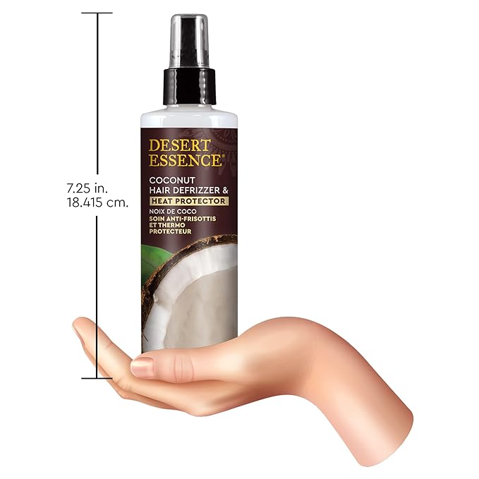 Desert Essence Coconut Hair Defrizzer & Heat Protector 8 fl oz - Gluten Free, Vegan, Cruelty Free - Coconut Oil & Jojoba Seed Extract - Protects Hair from Heat & Styling Damage