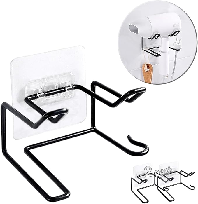 2 Pack Hair Dryer Holder, Wall Mount Self Adhesive Waterproof Blow Dryer Rack Storage Organizer Hanger, Compatible with Dyson and Most Hair Blower Appliance, Curling Iron, Straightener (Black)