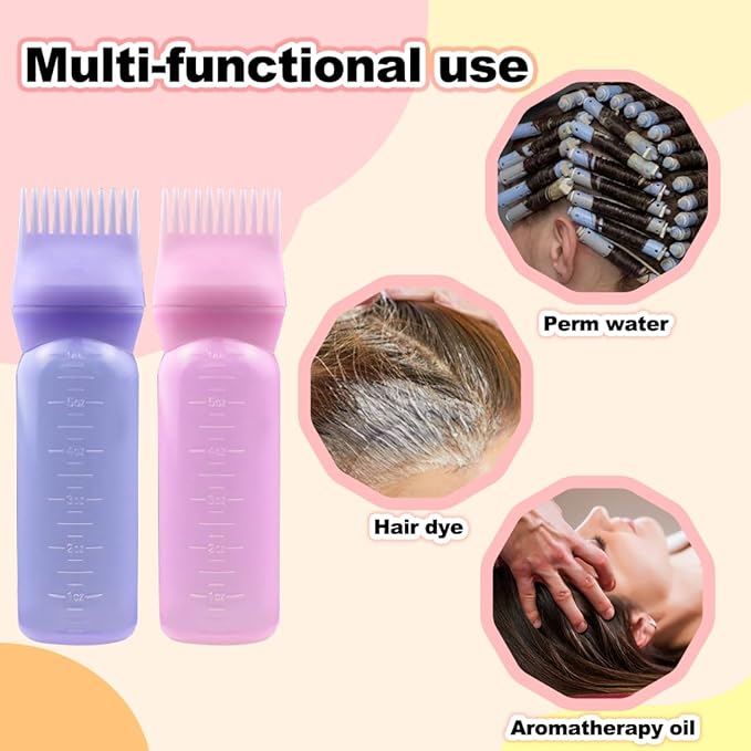 ELANE 4PCS Hair Oil Applicator Bottles - Root Comb Bottles for Scalp Oil and Hair Oiling, 6oz (2 Pink + 2 Purple)