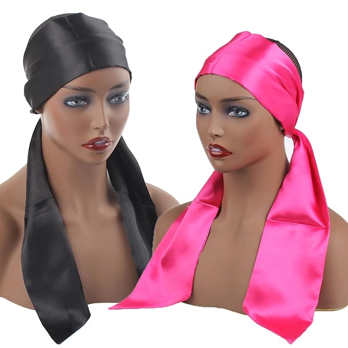XTREND 2Pcs Satin Edge Scarves for Wig 58 Inch Women's Laying Scarf for Lace Wig Non Slip Hair Wrap Wigs Grip Band for Yoga, Makeup, Facial, Sport (1pc Pink#+1pc Black#)