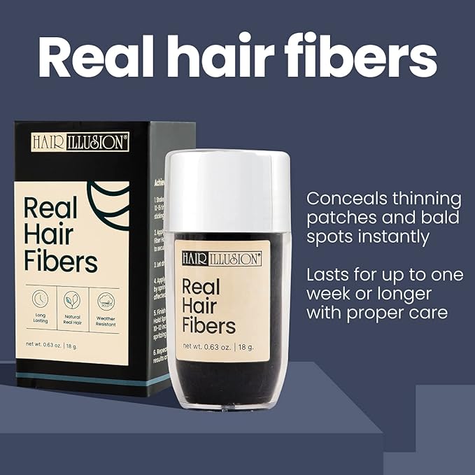 Hair Illusion Black Real Hair Fibers for Thinning Hair - 100% Natural Texture, Non Synthetic Hair Fibers - Bald Spot Cover Up for Women & Men - 18 Gram