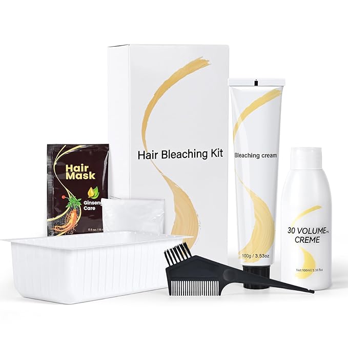 Hair Bleach Kit, Hair Lightener for Dark Hair, Bleach Cream with Hair Mask, Protect & Repair While Lightening, Lifts up to 8 Shades, Complete kit with Tint Bowl, Brush, Gloves & Cap