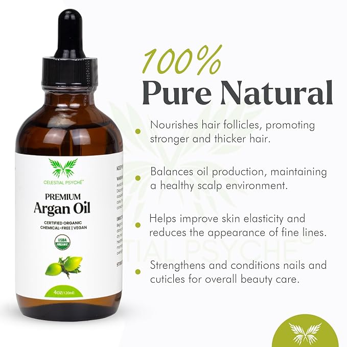 USDA Certified Organic Argan Oil (4 Oz) 100% Pure Natural, Chemical-Free, Vegan, Hexane-Free, Healthy Hair Growth, Scalp Care, Skin Hydration, Natural Beauty Enhancement