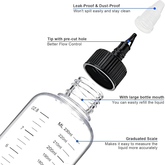 4 Pack Applicator Bottle for Hair, 8.5oz Soft Squeeze Empty Oil Dispenser Hair Color Applicator Root Hair Dye PET Plastic Refillable Bottles for Salon Sylist with Graduated Scale and Twist Top