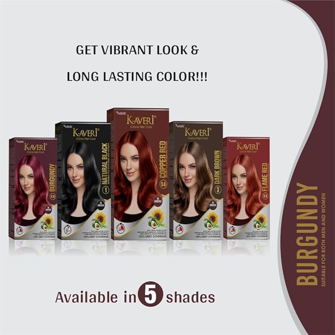 Kaveri Creme Hair Color Permanent Hair Dye Color - With Improved Creme Formula for Gray Coverage Ammonia Free Hair Color Dye for Rich Bright Long lasting (Burgundy, 3.04 Fl Oz) - Pack Of 3