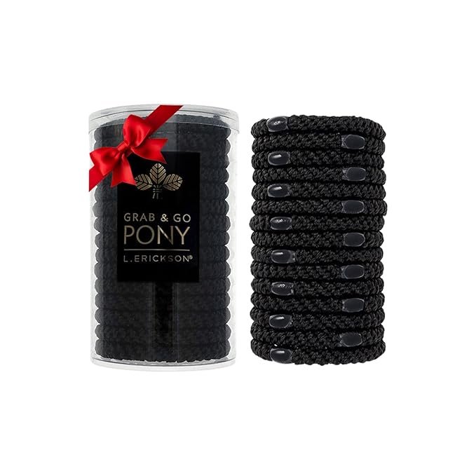 Black Hair Ties for Thick Hair, Grab & Go Pony Tube, 15 Pack, Black Pack, Thick No-Crease Bands with Strong Hold, Damage-Free Design, Sleek Everyday Style | L. Erickson