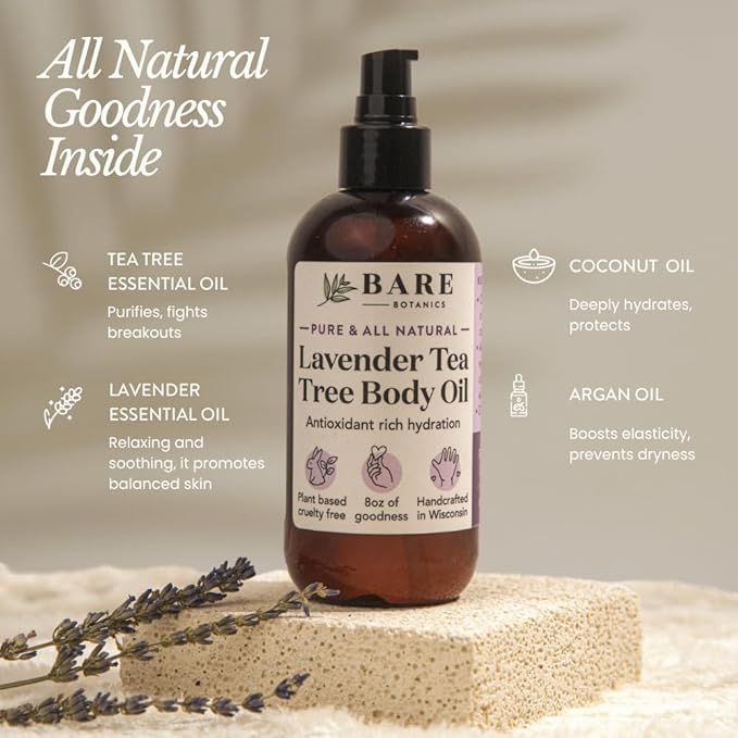 BARE BOTANICS 8 oz Moisturizing Lavender Tea Tree Body Oil - 100% Pure & Natural for Skin & Nails - Perfect for Moisturization - Vegan, Cruelty Free & Naturally Scented Hair Oil