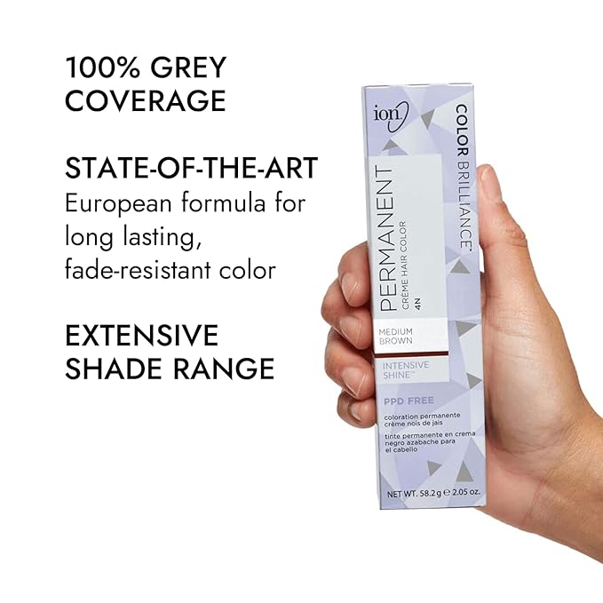 Ion Permanent Creme Hair Color 4N Medium Brown, Vegan, Cruelty Free, PPD Free, 100% Gray Coverage, Long Lasting, Fade Resistant Color, 2.05 oz