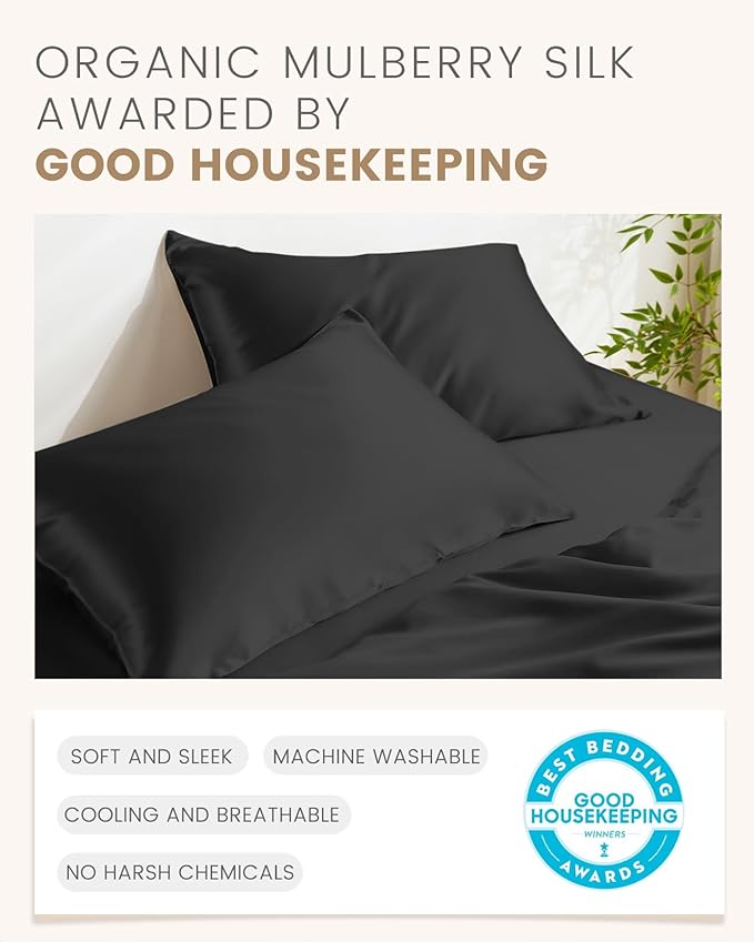 THXSILK Silk Pillowcase for Hair and Skin, 100% Mulberry Silk Grade 6A+ Silk Both Sides Bed Pillow Cover with Hidden Zipper, 1pc Hypoallergenic Pillowcase (King Size 20"x36", Black)