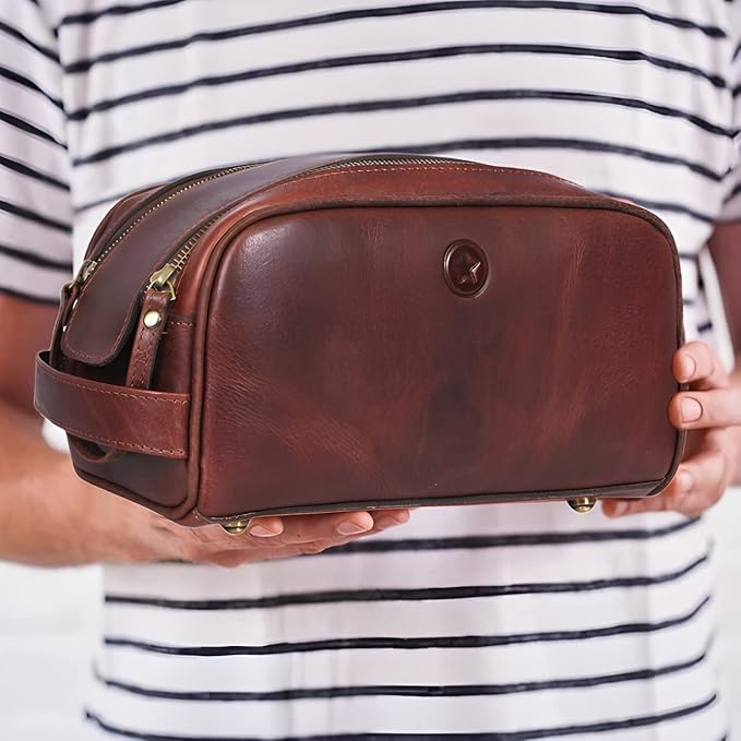 Leather Toiletry Bag for Men | Grooming Travel Kit | With Waterproof Lining | By Aaron Leather (Dark Brown)