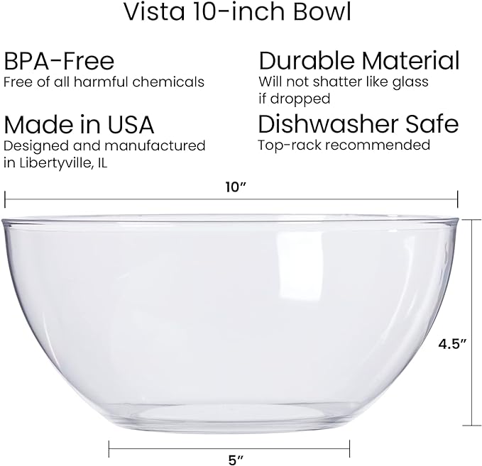 US Acrylic Vista Clear Plastic Salad and Serving 10-inch Bowls | set of 3 | Reusable, BPA-free, Made in the USA | 135 oz. capacity
