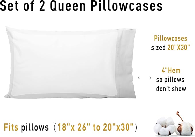 Sunflower Queen Pillowcases Set of 2, 100% Cotton Queen Pillow Cases 2, 20×30 inches Bright White, Soft and Breathable