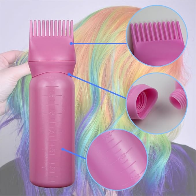 4 Pack Root Comb Applicator Bottle, Hair Oil Comb Applicator for Hair Dye, Shampoos, Salons (Pink+Black)