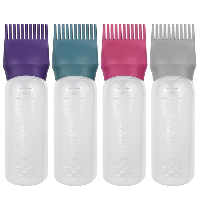4 PCS Root Comb Applicator Bottle,Hair Oiling Applicator,Hair Oil Applicator Bottle for Hair Dye Shampoos Hair Salons.6oz (Purple+Grey+Red+Green)