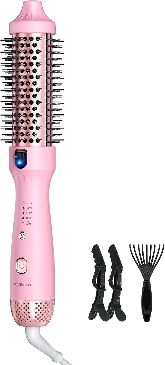 zavarea Thermal Brush, 1.5 Inch Heated Round Brush Stylers, 800M Negative Ions Ceramic for Less Frizz Damage, 4 Temperature Set, Dual Voltage for Travel, Easy Use Boosts Shine, Youthful Pink