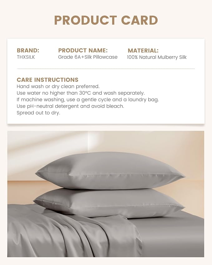 THXSILK Set of 2 Silk Pillowcase for Hair and Skin, 100% Mulberry Silk Bed Pillowcase Ultra-Soft, Hypoallergenic Breathable Silk Pillow Case with Hidden Zipper, California King 20"x40", Gray