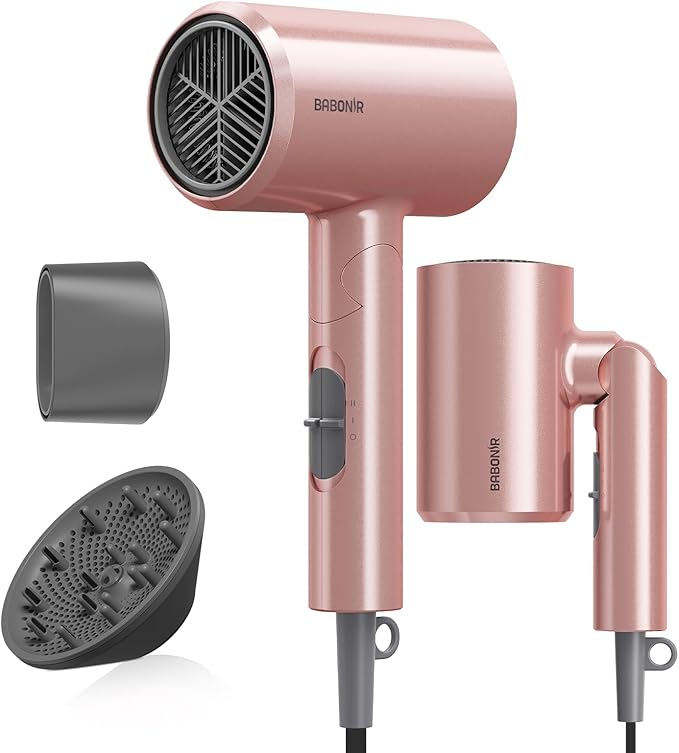 Ionic Diffuser Hair Dryer for Curly Hair, 1875W Fast Drying Blow Dryer with Diffuser and Concentrator Nozzle, Compact & Portable Negative Ion Hairdryer Blowdryer, 3 Heat 2 Speed Settings, Pink
