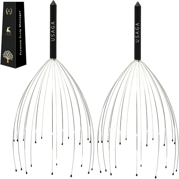 USAGA Head Massager Scalp Massager 20 Fingers Head Scratcher, Stocking Stuffers Gift for Scalp Body Relaxing (Black & Black)
