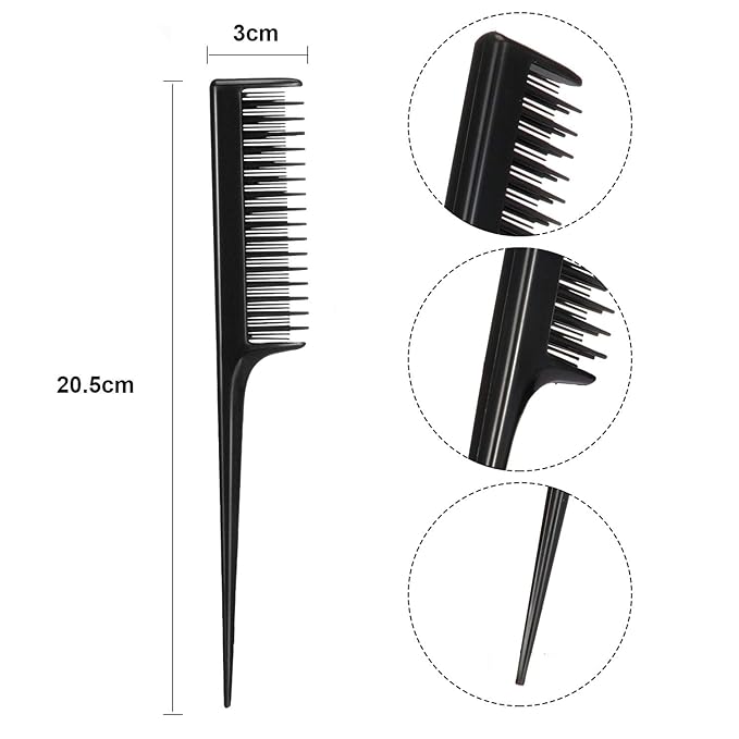 Leinuosen 3 Pcs Triple Teasing Comb Rat Tail Tool Tease Layers Pintail Comb for Women Back Root Teaser Adding Volume Structure Styling(Black)