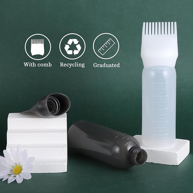 Pimoys Root Comb Applicator Bottle 6 Ounce, Oil Applicator for Hair Dye, Hair Oiling Bottle Brush with Graduated Scale, White