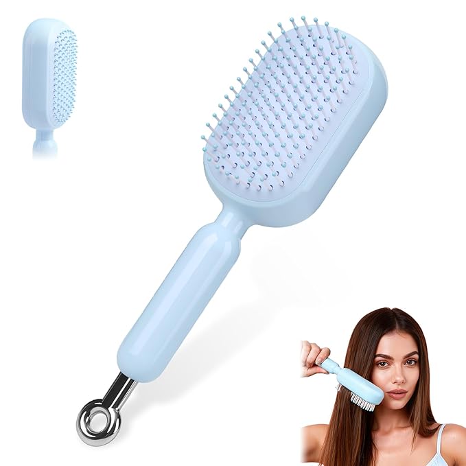 Self Cleaning Hair Brush, Retractable Hair Brush, Massage Comb With Retractable Bristles,Ergonomic Handle Hair Comb,One-pull Clean Anti Static Brushs, Hairs Styling Tools for All Hairs Types (Blue)