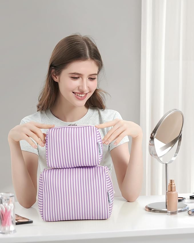 Narwey Striped Makeup Bag Travel Cosmetic Bag Organizer Toiletry Bag Make Up Bags with Compartments for Women Girls (Large, Purple Stripe)