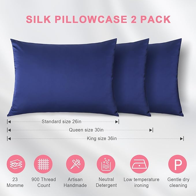 100% Silk Pillowcase 2 Pack for Hair and Skin, Both Sides 23 Momme Grade 6A+ Mulberry Silk Pillowcases with Hidden Zipper, Soft&Smooth Cooling Pillow Cases (Navy Blue, King 20×36)