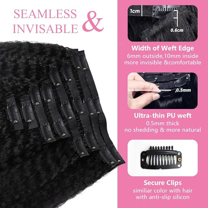 Seamless Clip In Hair Extensions Human Hair Invisible Pu Skin Weft Kinky Straight Seamless Clip Ins For Black Women Real Human Hair Extensions 8pcs With 18clips Per Set 120g (12inch,Natural Black)