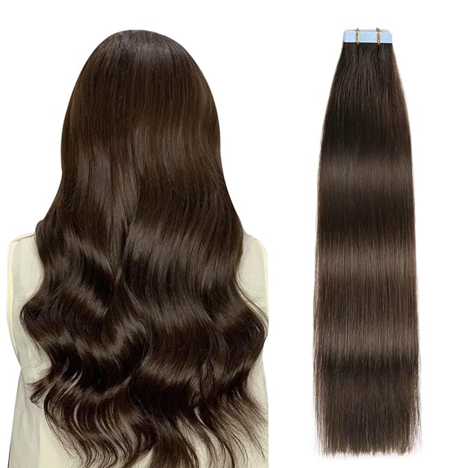 SUYYA Tape in Hair Extensions Human Hair 100% Real Human Hair 16 inches 20pcs 40g/pack Straight Seamless Skin Weft Tape in Human Hair Extensions(16 inches #2) 2# Darkest Brown