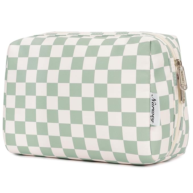 Narwey Checkered Makeup Bag Travel Cosmetic Bag Organizer Toiletry Bag Make Up Bags with Compartments for Women Girls (Large, Mint Green Checkerboard)