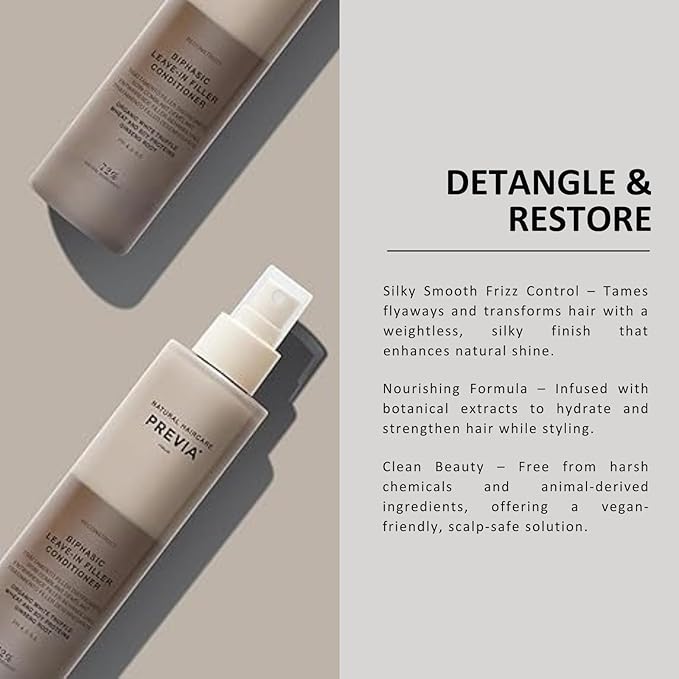 PREVIA Hydrating Biphasic Leave-In Conditioner Spray | Moisturizing & Anti-Frizz Reconstructive Treatment with White Truffle | Detangle & Repair Dry Damaged Hair | Vanilla & Bergamot Scent | 6.7 oz
