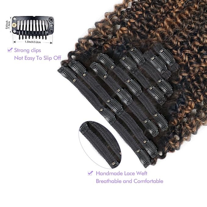 FB30 Highlight Ombre Curly Clip In Extension Human Hair 3C 4A Kinky Curly Clip Ins Full Head for Black Women Brazilian Remy Human Hair Balayage Brown 8Pcs with18clips 120g/Set (18 inch)