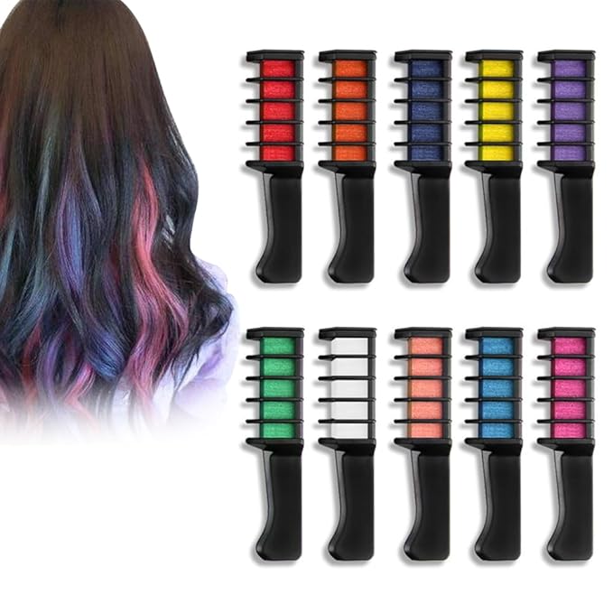 Festive Fun Hair Chalk Combs, 2026 New Chalk Hair Color for Girls, Temporary Wash out Hair Color Kids, Christmas Girl Gifts, Skin Safe Materials (10 colors)
