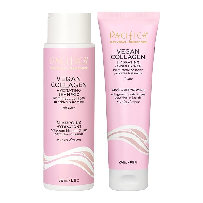 Pacifica Vegan Collagen Hydrating Shampoo & Conditioner Set – Moisturizing Hair Care for Dry Brittle Hair, Biotin & Avocado Oil for Strength & Shine, Thickening Clean Vegan Dermatologist Tested, 12 oz