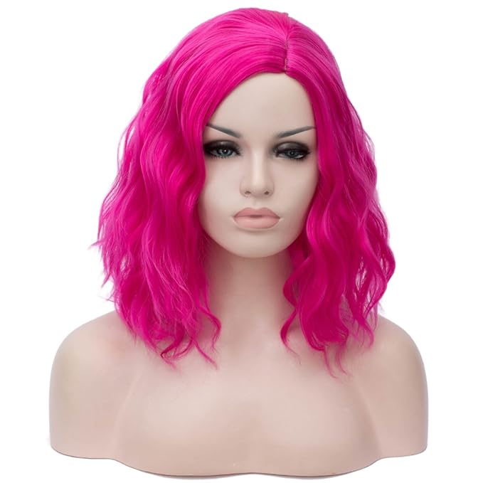BUFASHION 14" Women Short Hot Pink Kinky Straight Cosplay Synthetic Wigs With Air Bangs 46 Colors Available (Hot Pink)