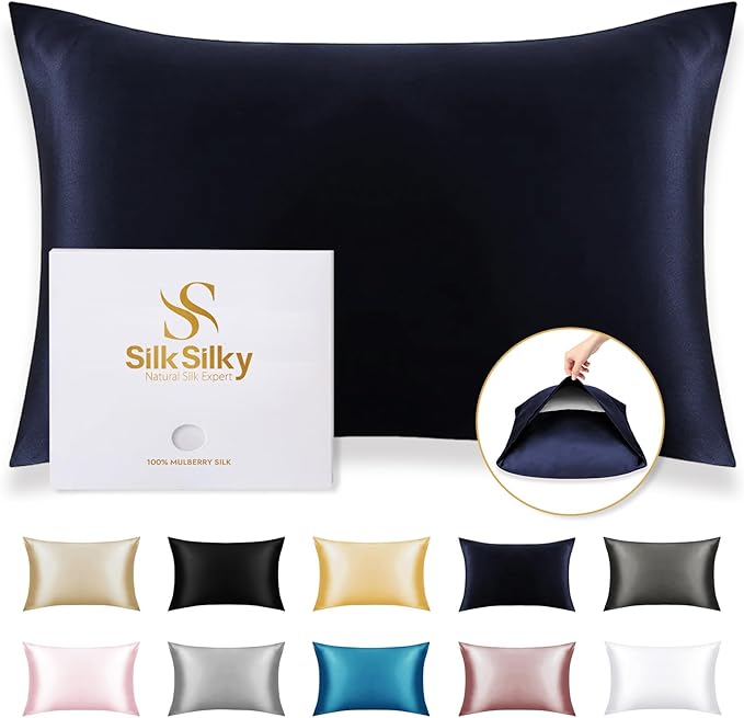 SilkSilky 100% Mulberry Silk Pillowcase - Pure 22 Momme High-Grade 6A Fibers for Hair & Skin, Envelope Closure, Natural, Organic, Breathable & Cooling Pillow Case (Standard, Dark Blue)