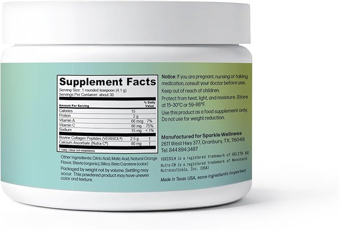 Sparkle Wellness VERISOL Bioactive Hydrolyzed Collagen Peptides | Collagen Powder Supplement with Vitamin C for Skin, Hair & Nail Health | Skin Boost (Orange) [30-Serves]