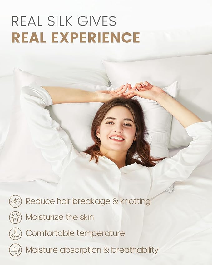 THXSILK Set of 2 100% Mulberry Silk Pillowcase for Hair and Skin Health, Soft Breathable and Smooth Pillowcases with Hidden Zipper, Both Sides Premium Silk, California King 20"x40", Pearl White