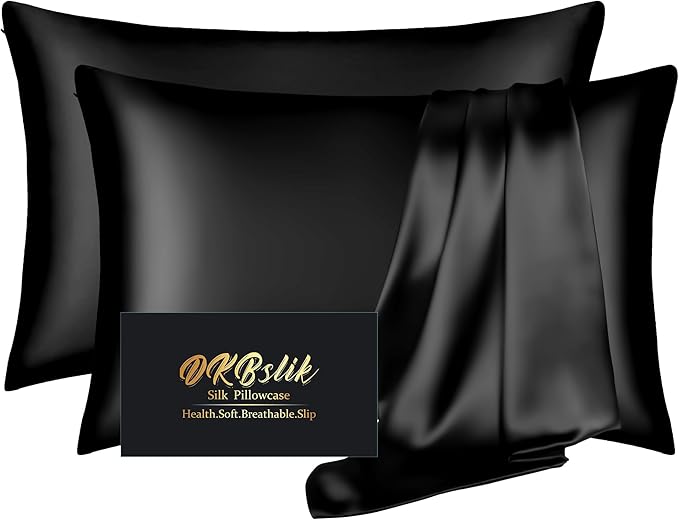 Silk Pillowcase 2 Pack, Natural Mulberry Silk Pillow Cases, Silk Pillowcase for Hair and Skin, King Size Satin Pillowcase Set of 2 with Zipper, Gifts for Sleeping Women, Black