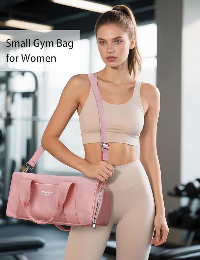 Compact Sports Gym Bag for Women Girls, Cute Mini Duffle Bag with Wet Pocket & Shoes Compartment, Personal Item Travel Workout Bag, 16"-Small, Pink