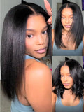YIROO Yaki Straight Bob Human Hair Drawstring Wigs Pre Cut 7x5 HD Lace Front Wig Bye Bye Knots Glueless Yaki Short Bob Human Hair Wigs Pre Plucked Invisible Knots 150% Density Ready to Go 14Inch