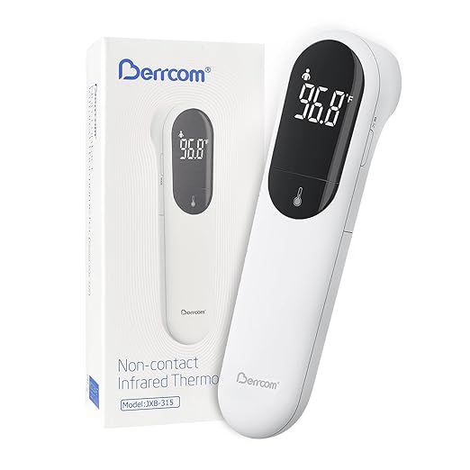 Berrcom No-Touch Forehead Thermometer for Adults, Kids, and Babies, Digital Infrared Medical Thermometers with Fever Alarm, LED Display, Dual Probe Technology