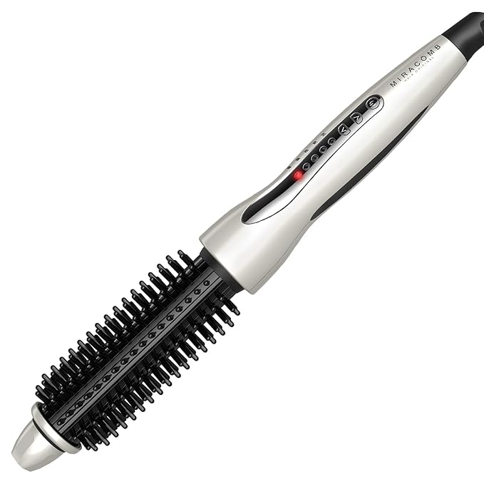 MIRACOMB Hair Curler Straightening Brush - Ceramic Tourmaline Flat Curling Iron - Cool Touch Round Brush PRO Multi Styler with 5 Heat Adjustments, 1 Inch Barrel, White (Enhanced)