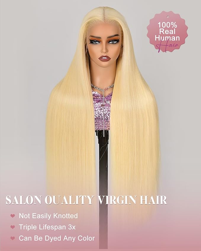 Alididi 613 13x6 Lace Front Wig Human Hair 22 Inch 180 Density Blonde Wig Human Hair Straight 100% Real Human Hair True Length Random Dyeing No Tangle No Shedding No synthetics Triple Lifespan 3x