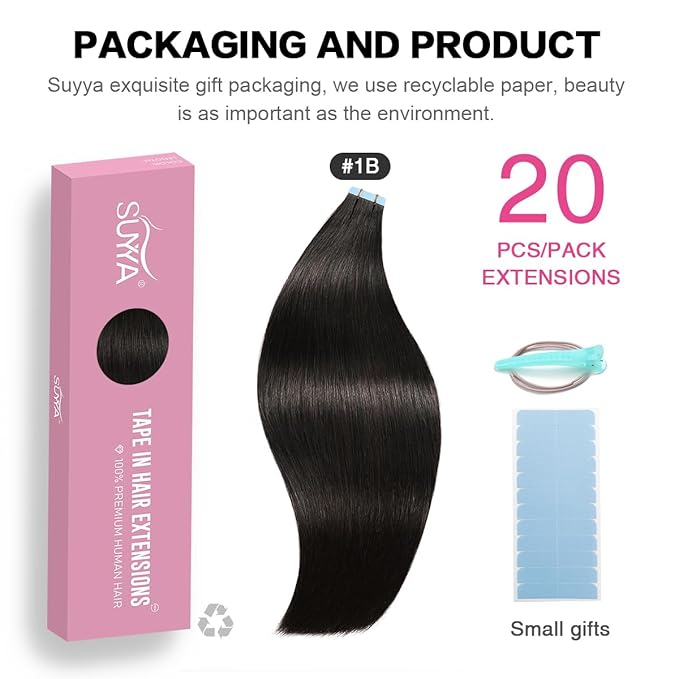 SUYYA Tape in Hair Extensions 100% Remy Human Hair 16 inches 20pcs 40g/pack Straight Seamless Skin Weft Tape Hair Extensions Natural Black(16 inches #1B Off Black)